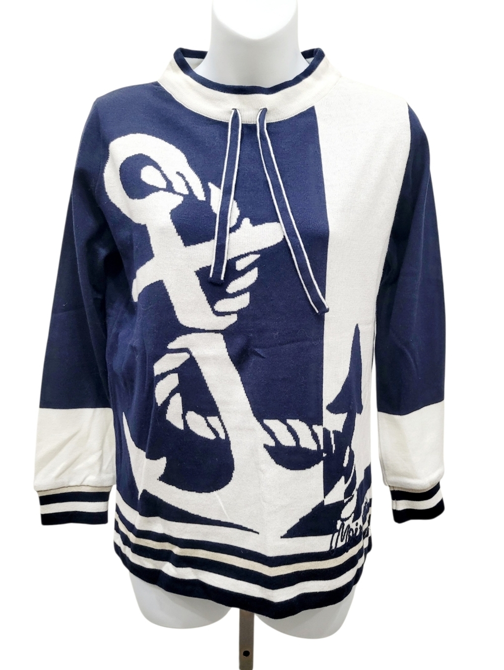 Olsen Navy Blue & White Sweater Top Size: M
